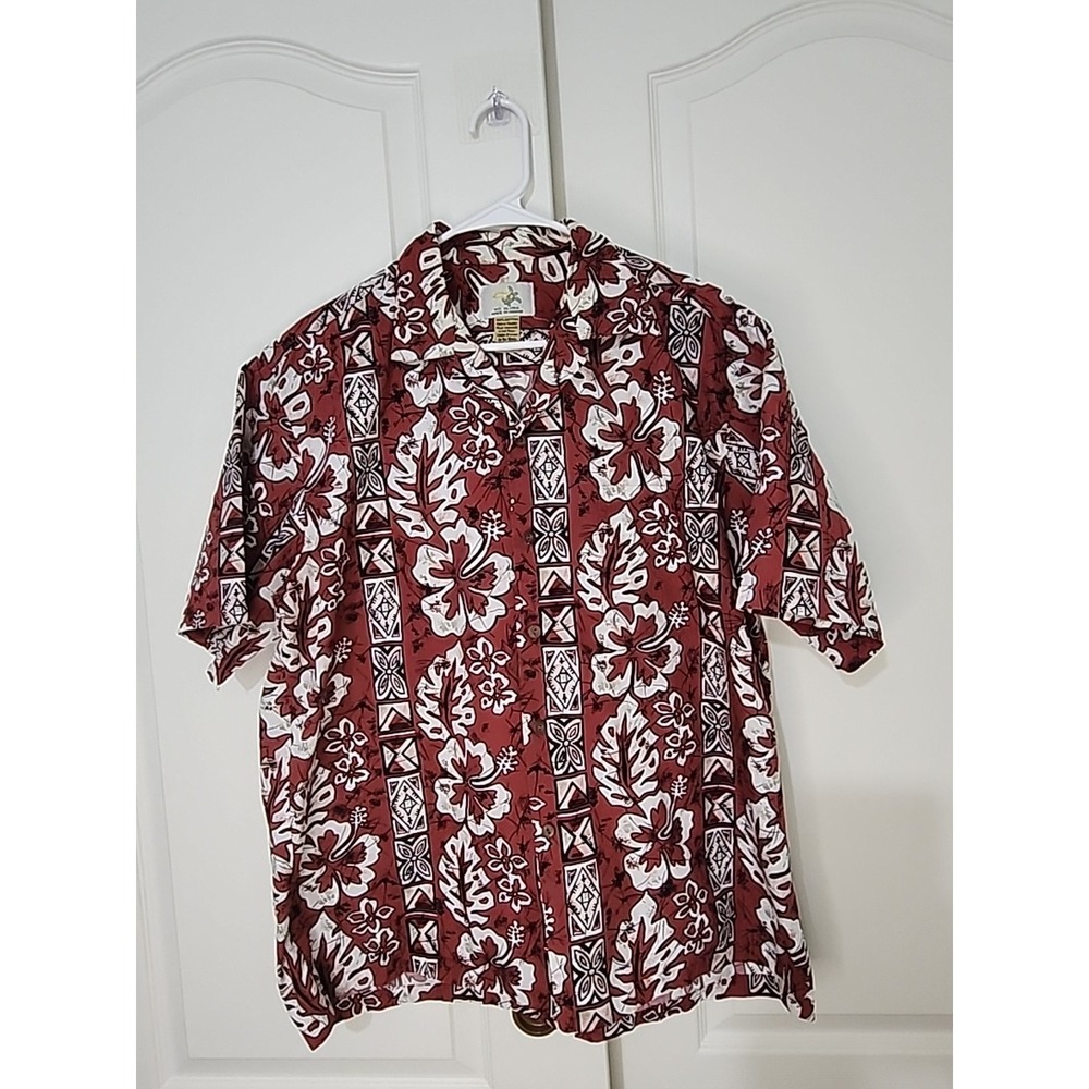 Vintage 90s Hawaiian Shirt Mens L HO Aloha Red Floral Made in Hawaii‎ USA